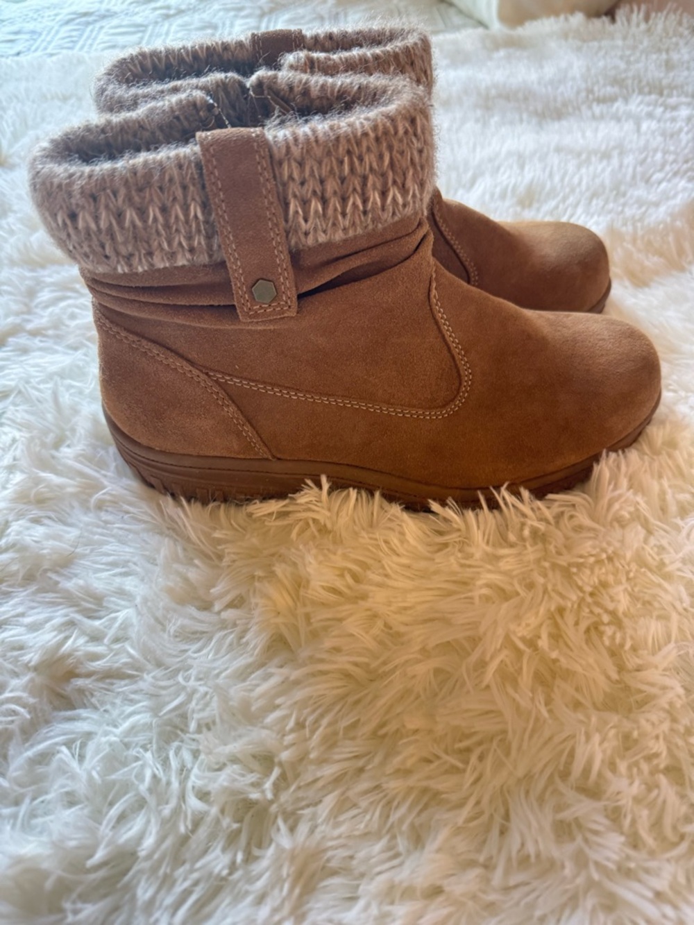 Khombu Laura Cozy Suede Ankle Boots with Knit Cuff - Chesnut